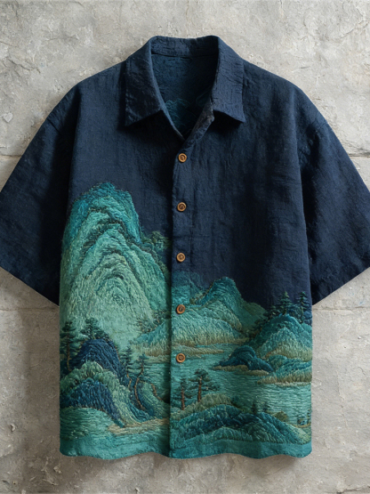 Vintage Japanese Landscape Art Linen Short Sleeve Shirt - Navy blue