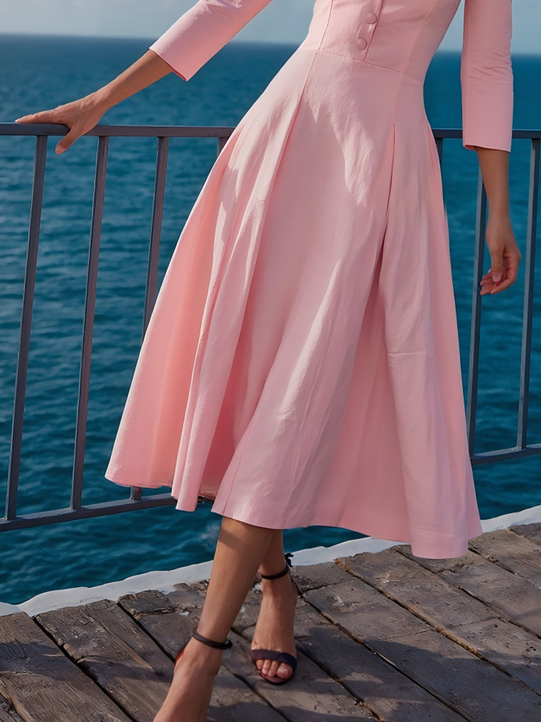 Midi Cotton Dress , Half Sleeve, V Neck, Plain, Button Design, French Vintage, Pink - Pink