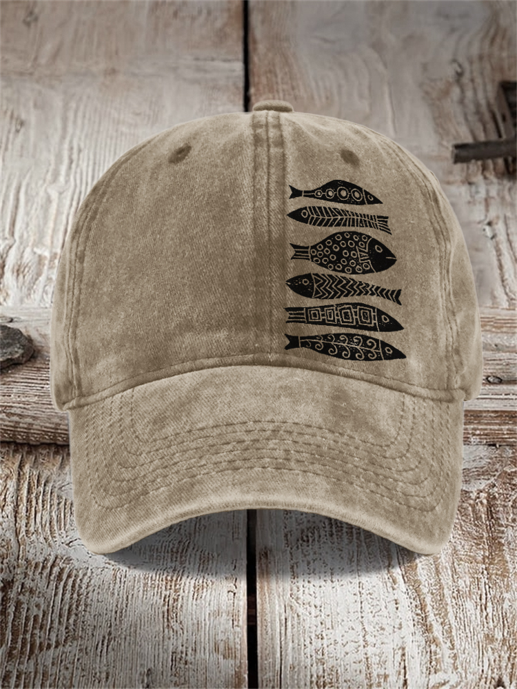 Fish Japanese Lino Art Washed Cap - Khaki