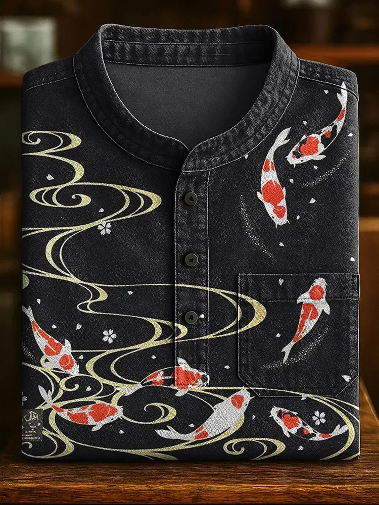Vintage Japanese Carp Art Print Casual Shirt - Black