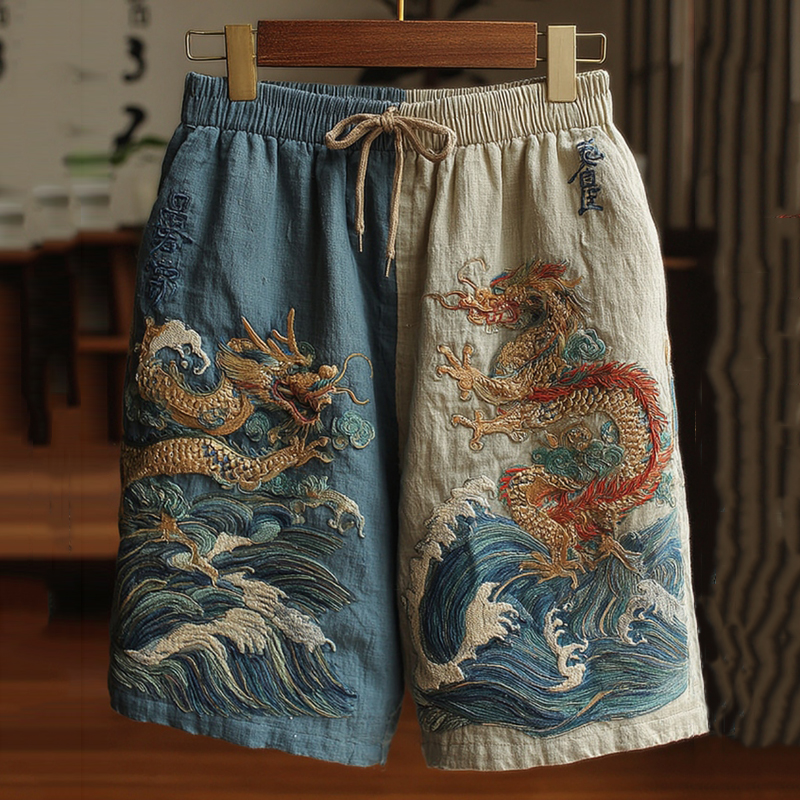 Men's Japanese Dragon Art Contrast Linen Short Pants - Blue
