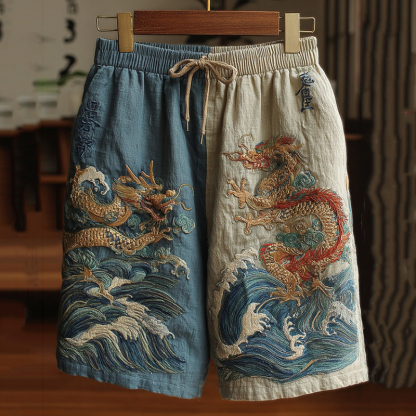 Men's Japanese Dragon Art Contrast Linen Short Pants - Blue