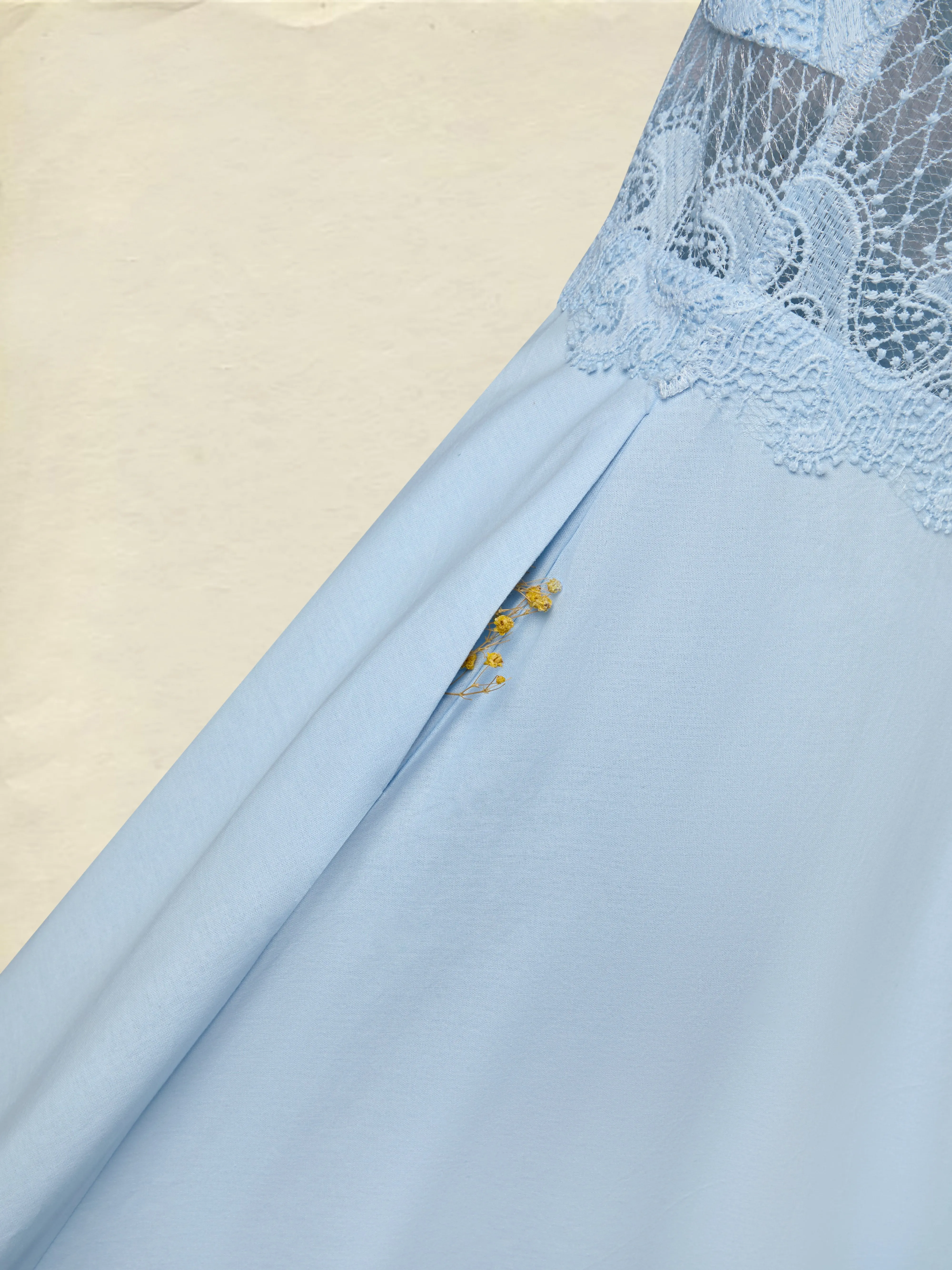 Maxi Cotton Dress, Sleeveless, V Neck, Plain, Lace, French Vintage, Blue - Blue