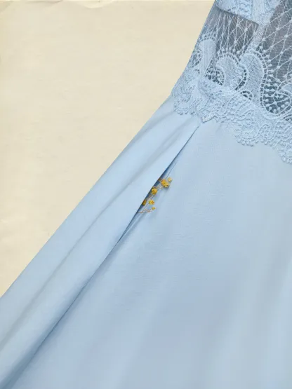 Maxi Cotton Dress, Sleeveless, V Neck, Plain, Lace, French Vintage, Blue - Blue