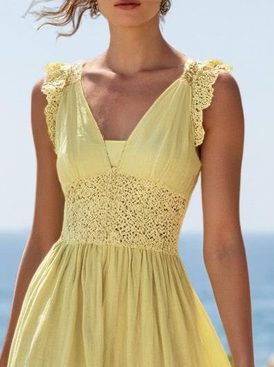 (SIZE:XS-XXL)Linen Maxi Dress, Sleeveless, V neck, Plain, Vintage, Yellow - Light Yellow
