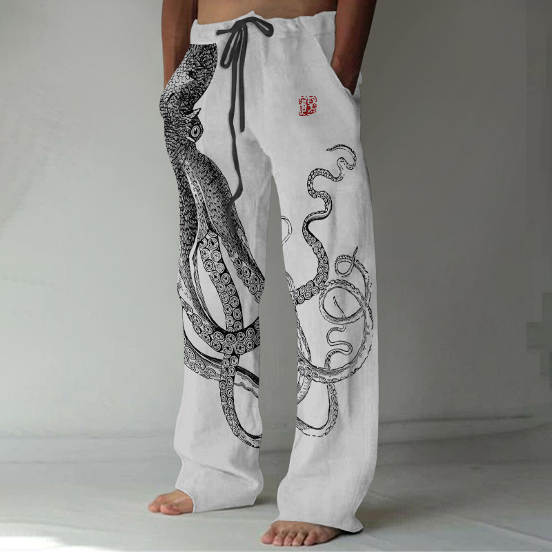 Japanese Art Octopus And Crab Print Casual Linen Blend Pants - Black
