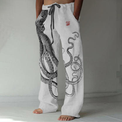 Japanese Art Octopus And Crab Print Casual Linen Blend Pants - Black