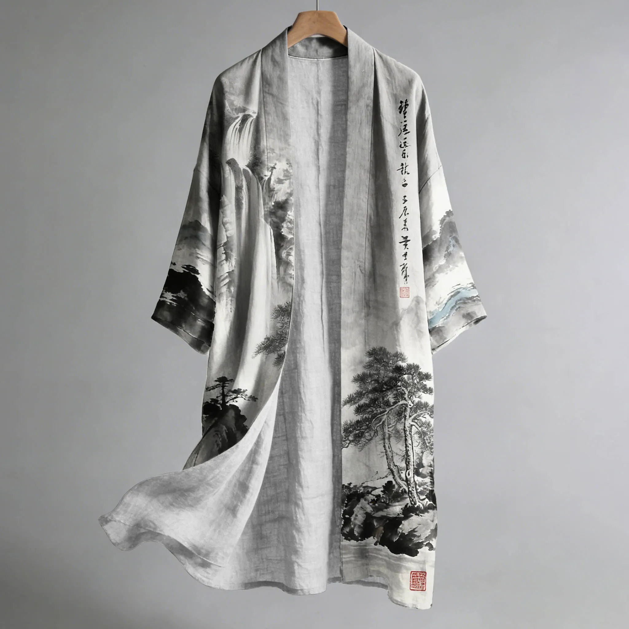 Men's Retro Landscape Painting Art Linen Long Kimono - Grey