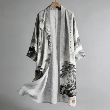 Men's Retro Landscape Painting Art Linen Long Kimono - Grey