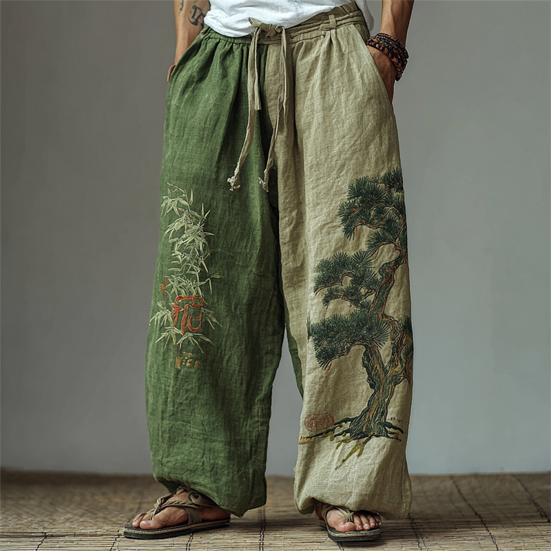 Men's Japanese Bamboo & Pine Tree Embroidered Contrast Wide Leg Linen Pants - Green