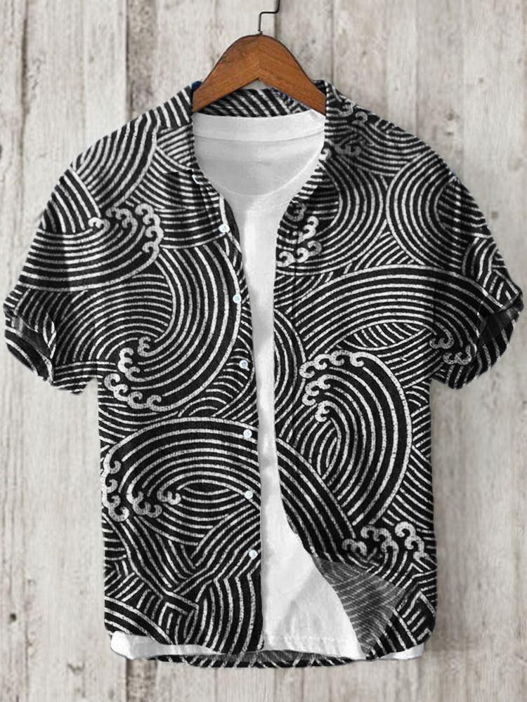 Sea Waves Japanese Lino Pattern Linen Blend Shirt - Black