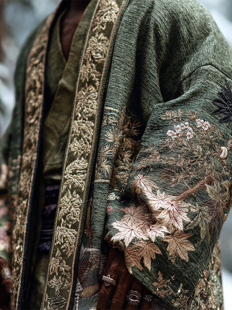 Japanese Maple Leaf Embroidery Art Men's Kimono - Green
