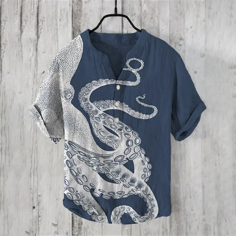 Japanese Art Octopus Graphic Printed Short Sleeve Shirt - Beige