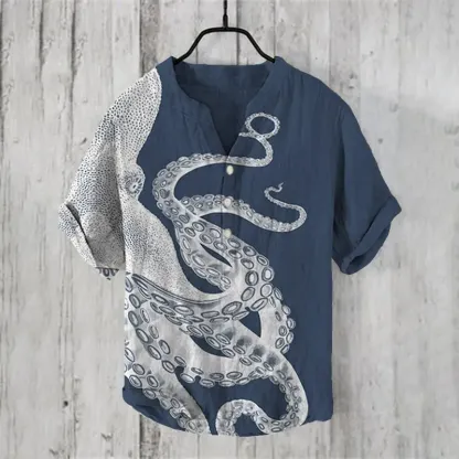 Japanese Art Octopus Graphic Printed Short Sleeve Shirt - Beige