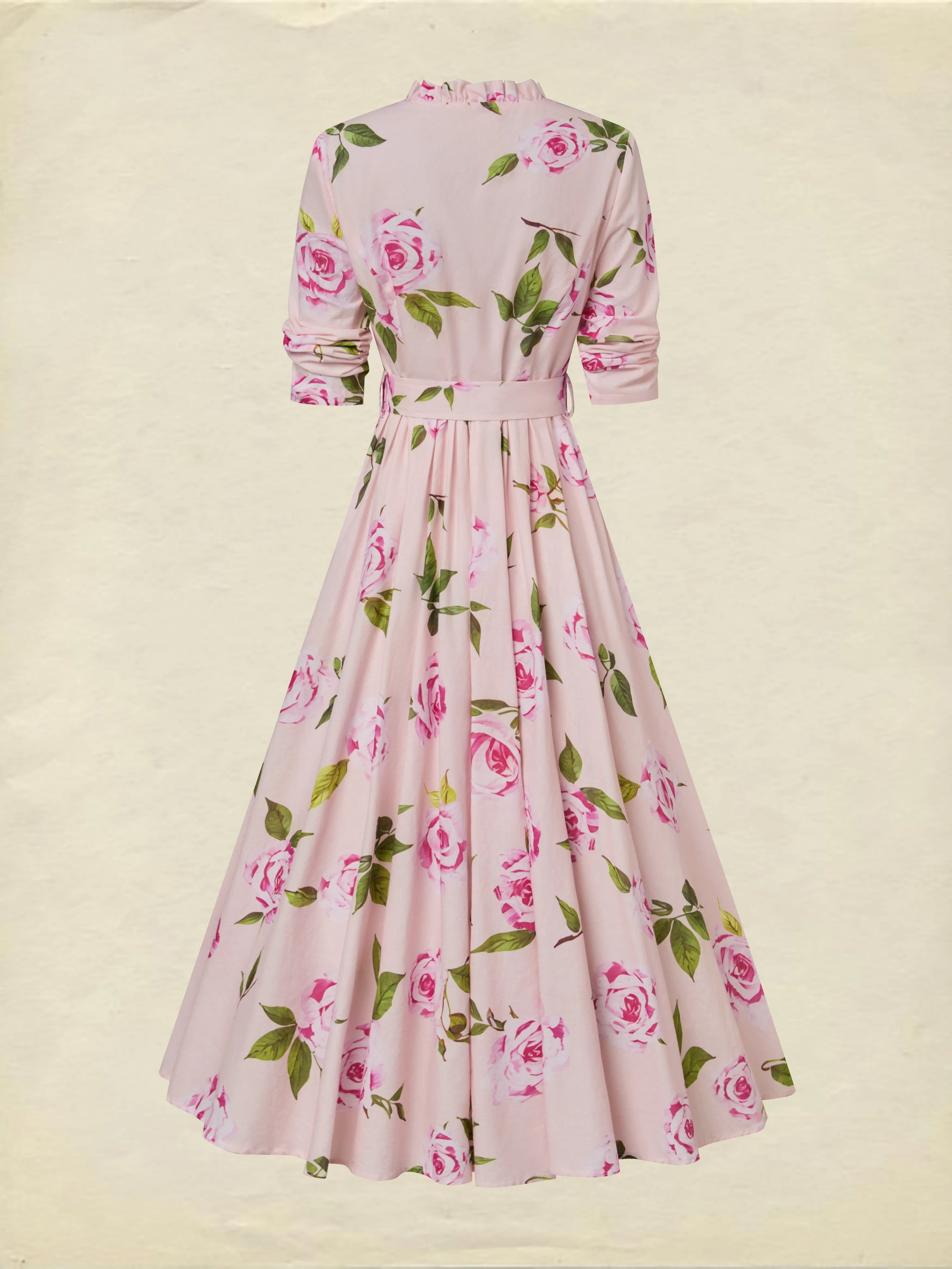 Midi Linen Dress , Long Sleeves, V Neck, Floral, Belt Design, Vacation, Vintage, Light Pink - Light Pink