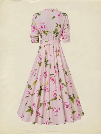 Midi Linen Dress , Long Sleeves, V Neck, Floral, Belt Design, Vacation, Vintage, Light Pink - Light Pink