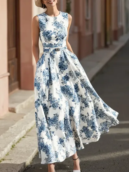 Maxi Linen Dress , Sleeveless, Round Neck, Floral, Belt Design, Vacation, Vintage, Blue - Blue