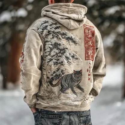 Japanese Cat & Snow Figure Embroidery Men's Hooded Sweatshirt - Beige