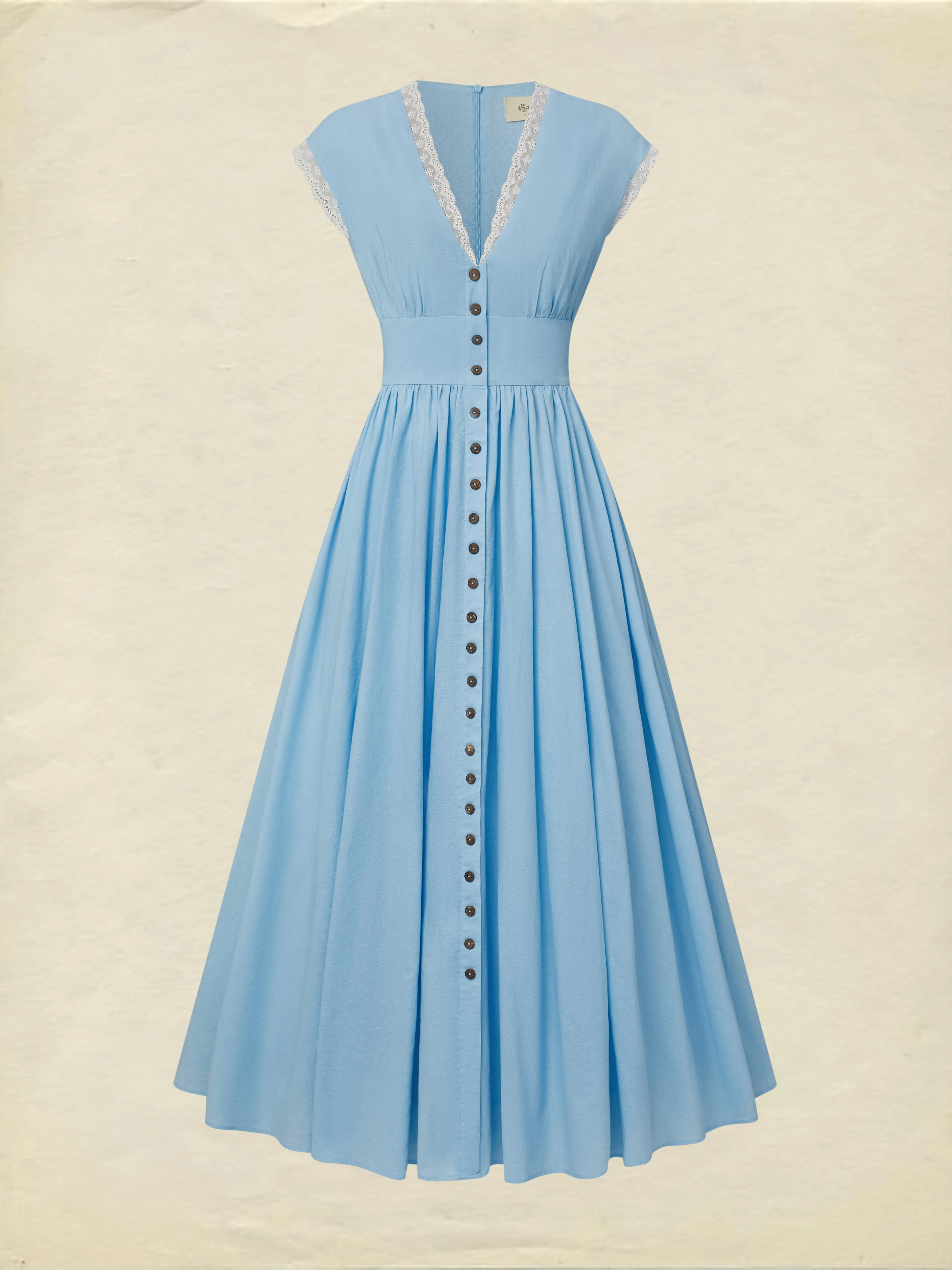 Maxi Linen Dress , Cap Sleeves, V Neck, Plain, Button Design, Vintage, Blue - Blue