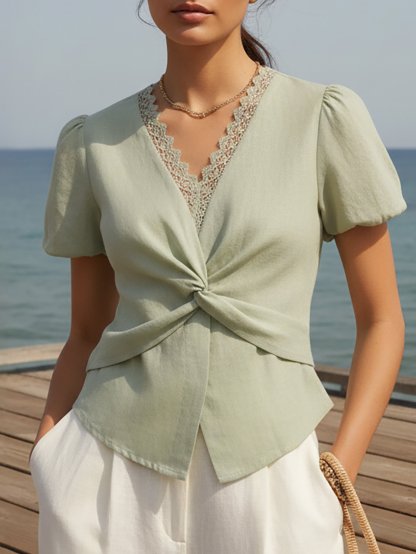 Cotton Shirt, Short Sleeves, V Neck, Plain, Lace, Vacation, Vintage, Green - Green