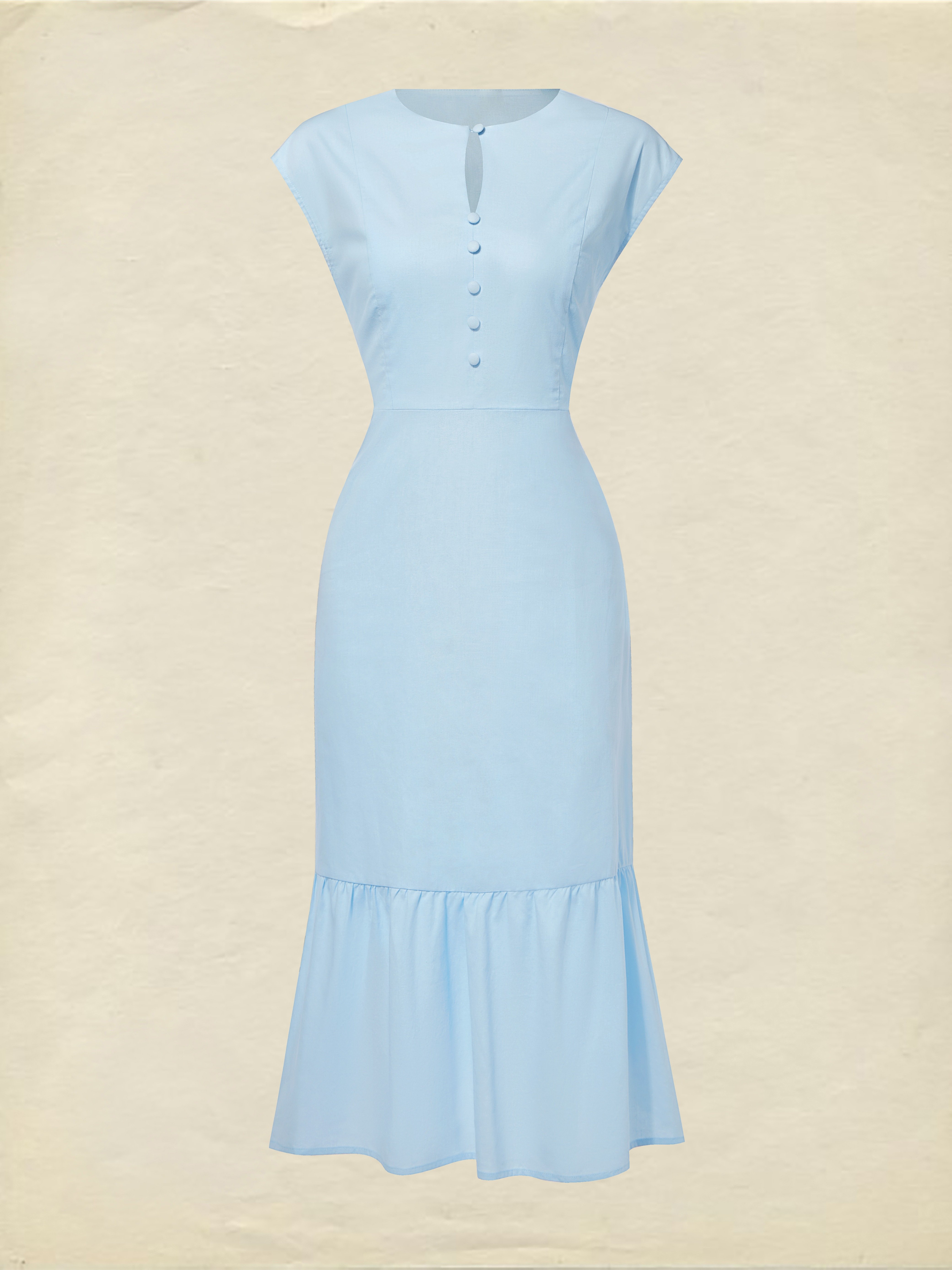 Midi Linen Dress, Crew Collar, Cap Sleeve,  Button Down, Cottagecore, Linen Blend, Blue - Blue