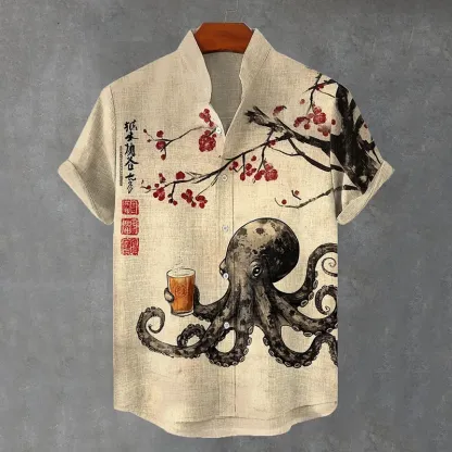 Men's Octopus Drinking Tea Under The Cherry Tree Art Print Casual Shirt - Beige