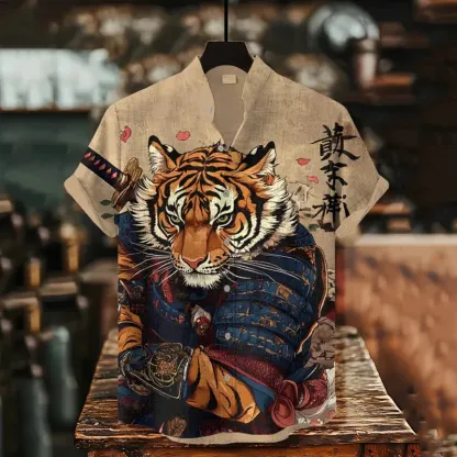 Men's Tiger Warrior Calligraphy Art Print Casual Shirt - Khaki