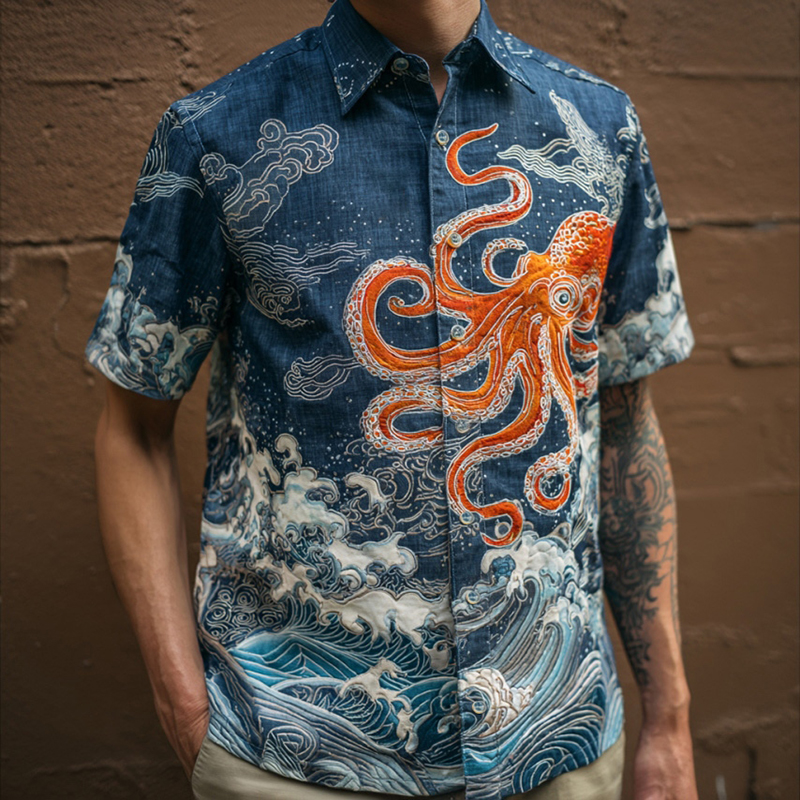 Men's Japanese Art Ocean Octopus Print Short-sleeve Shirt - Navy blue