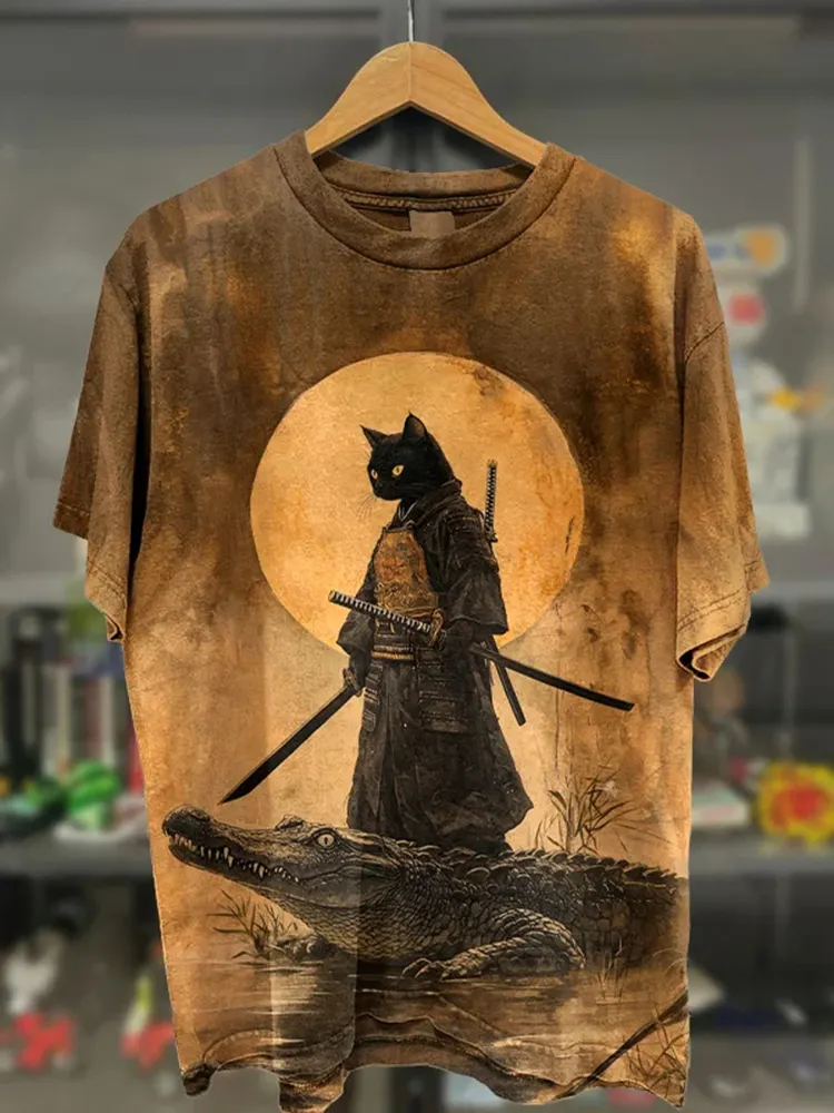 Men's Samurai Cat And Crocodile Surreal Art Print Casual T-shirt - Khaki