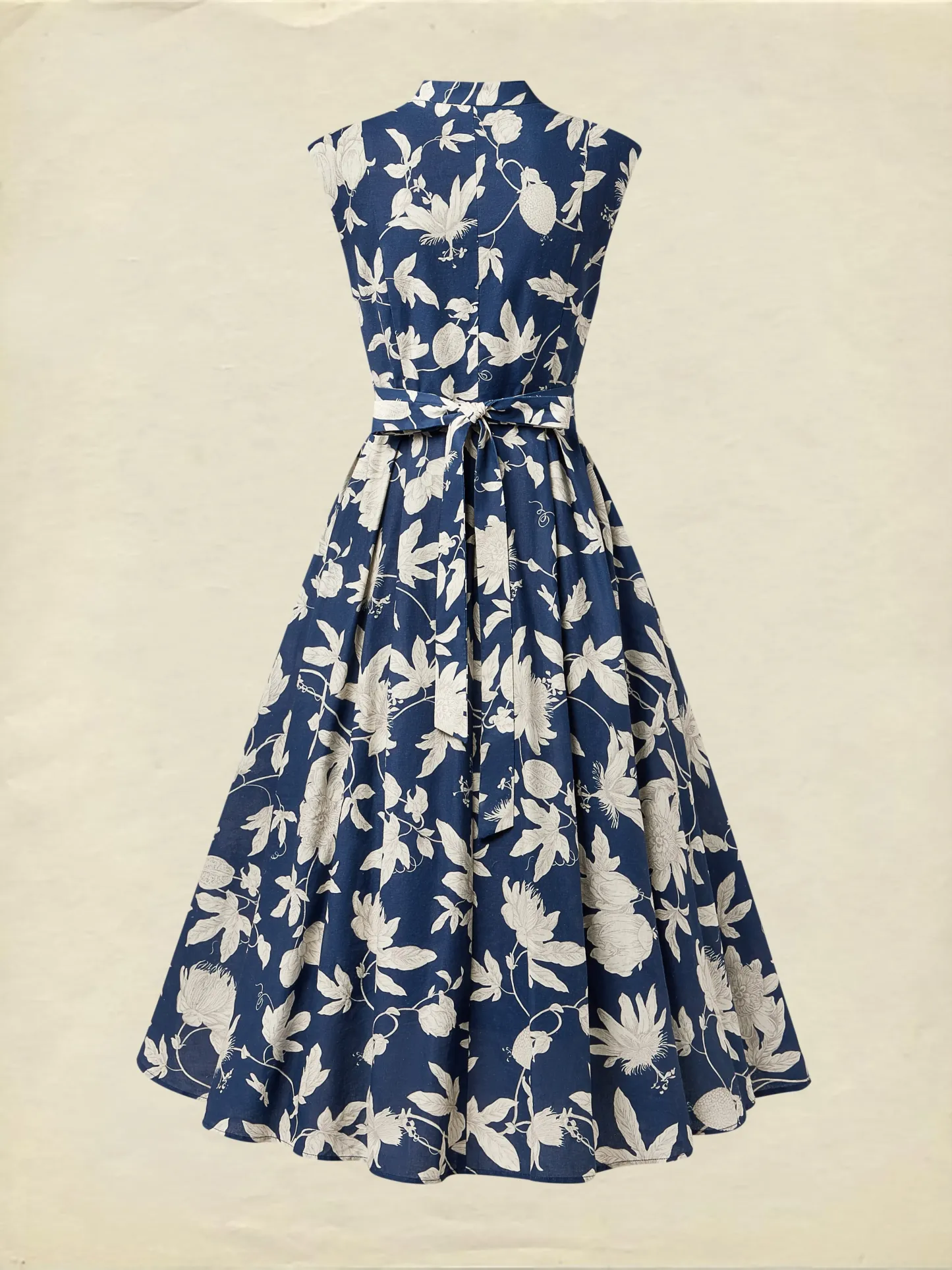 Midi Linen Dress , Cap Sleeves, V Neck, Floral, Button Design, Vintage, Dark Blue - Dark Blue