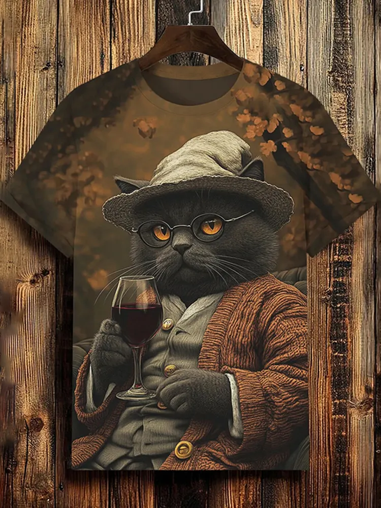 Men's Cat Drinking Red Wine Art Print T-shirt - Brown