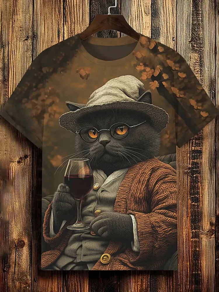 Men's Cat Drinking Red Wine Art Print T-shirt - Brown