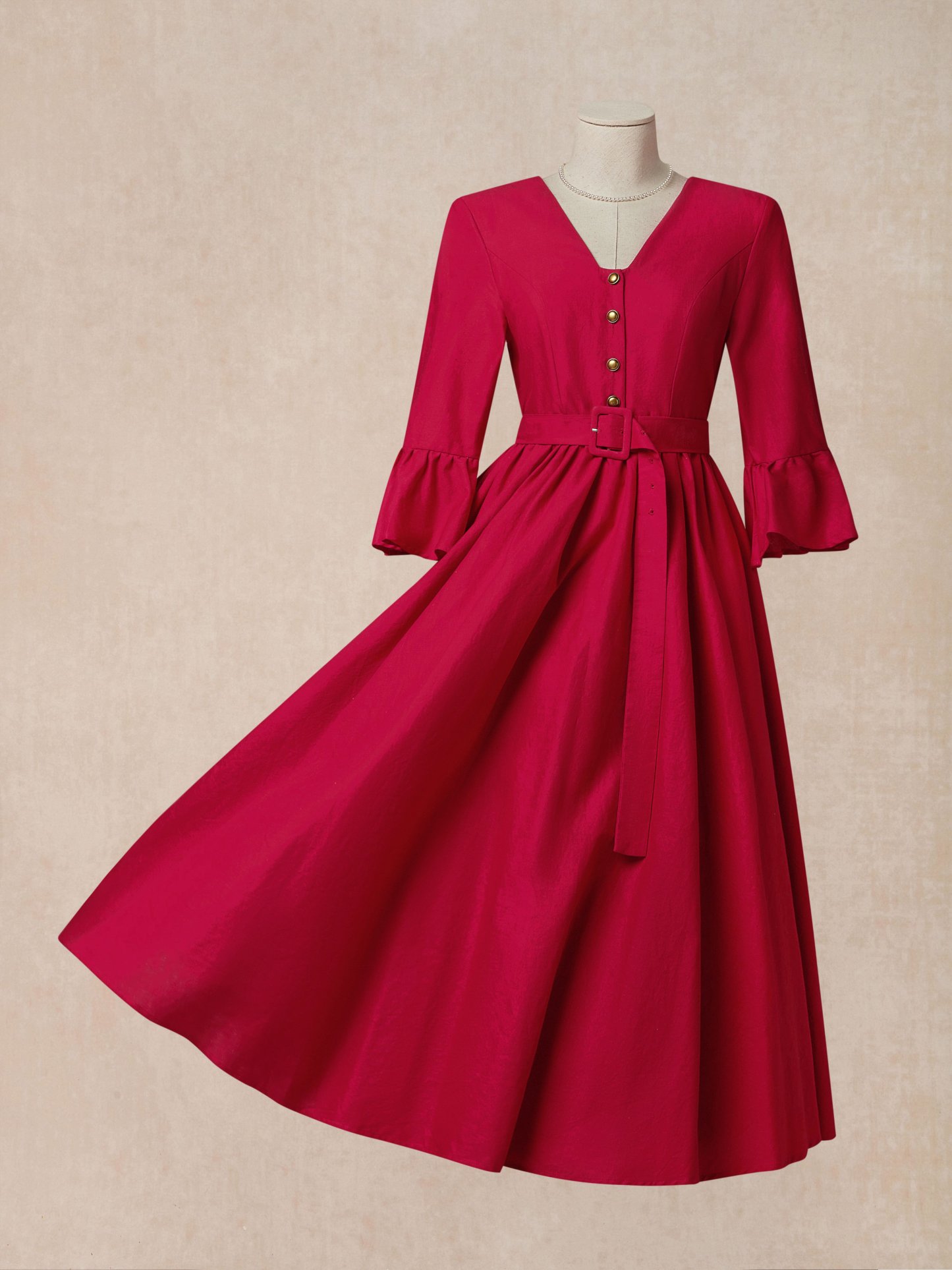 Linen Maxi Dress, 3/4 Sleeve, V Neck, Jane-Inspired Vintage, Tea Party, Linen Blend, Red, Belt - Red