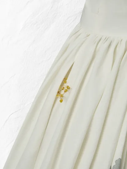 Midi Linen Dress , Sleeveless, Round Neck, Floral, Vacation, Vintage, White - White