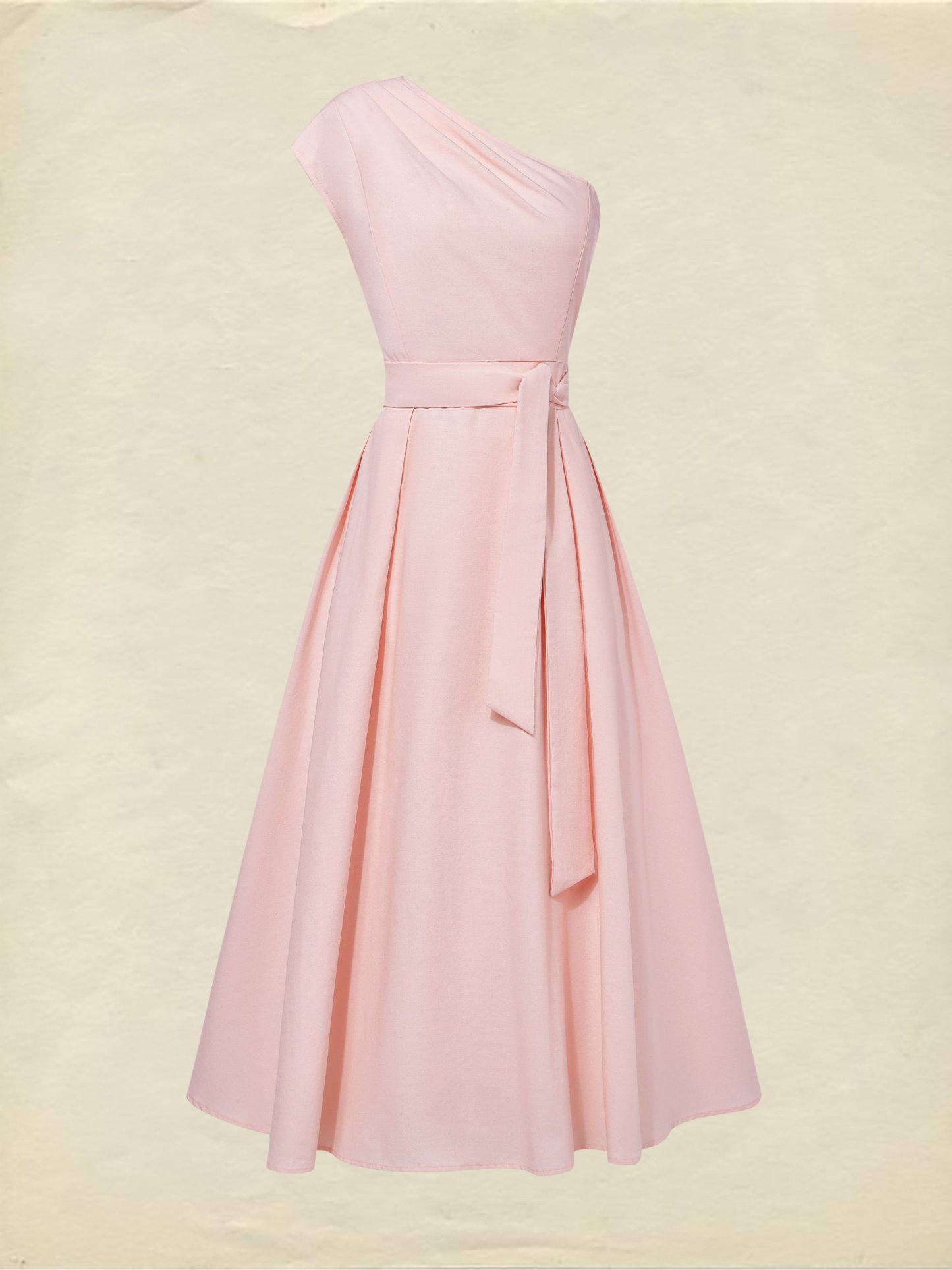 Maxi Cotton Dress , Sleeveless, One shoulder, Plain, Belt Design, Vintage, Light Pink - mint