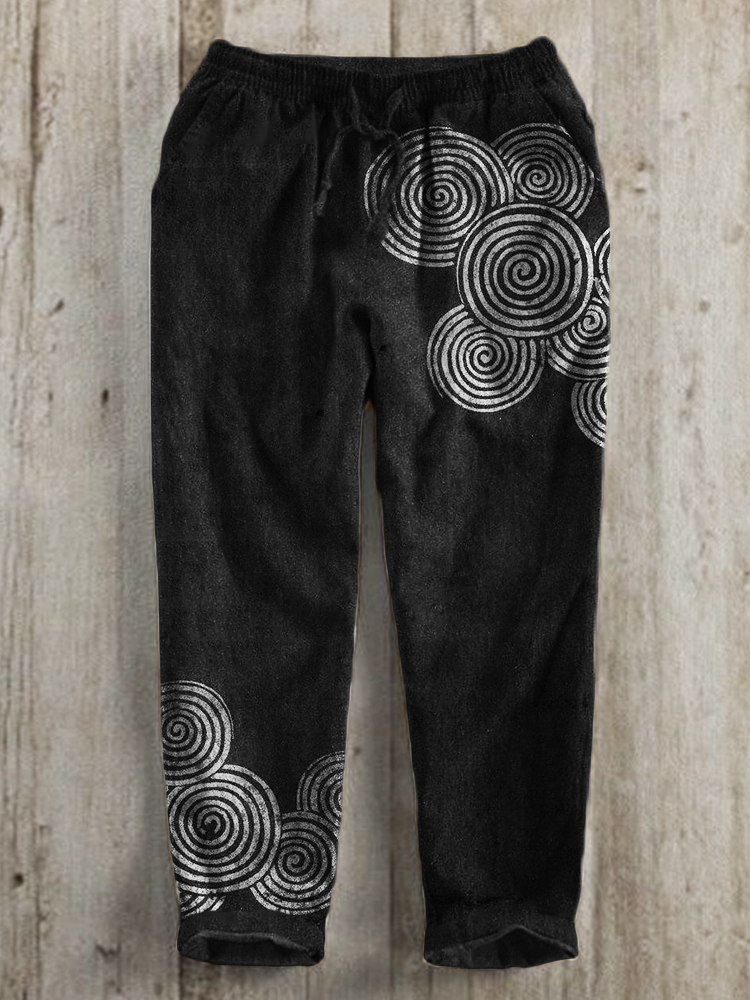 Sea Waves Ripples Japanese Lino Art Linen Blend Casual Pants - Black