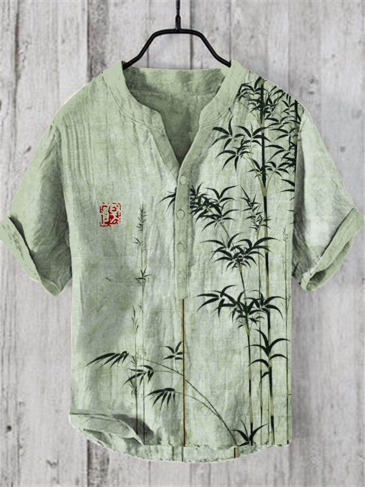 Bamboo Japanese Art Linen Blend Shirt - Khaki