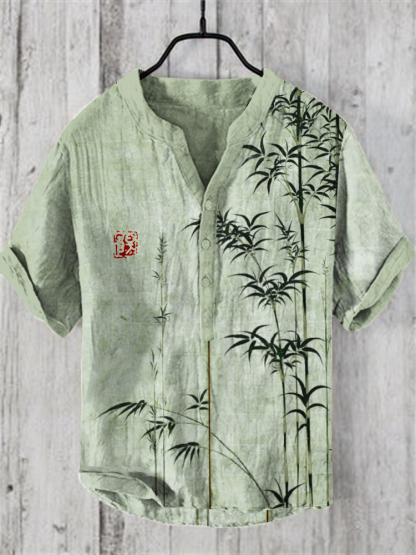 Bamboo Japanese Art Linen Blend Shirt - Khaki