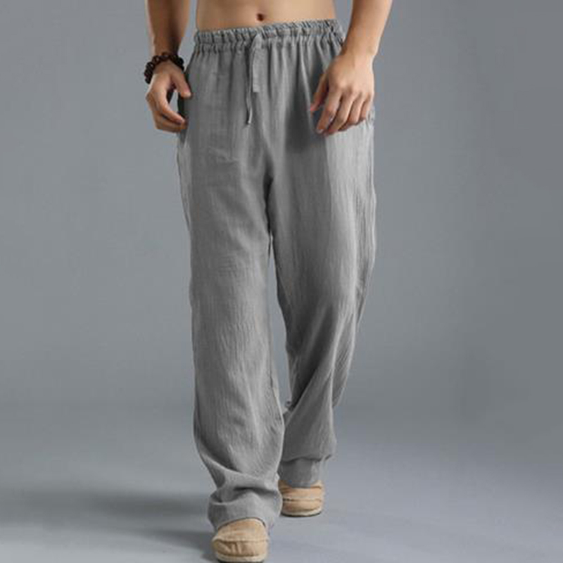 Men'S Vintage Drawstring Casual Cotton Linen Pants - Black
