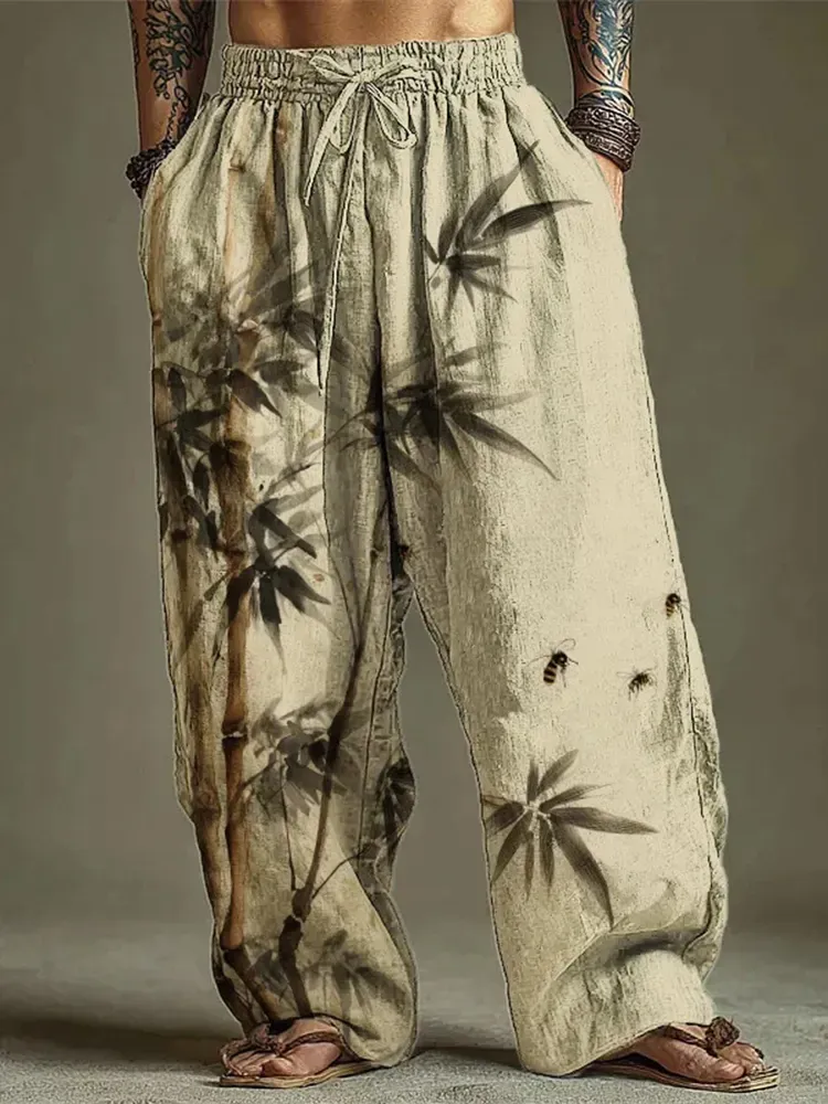 Men's Bamboo And Bees Ink Painting Chinese Style Art Printed Casual Pants - Beige