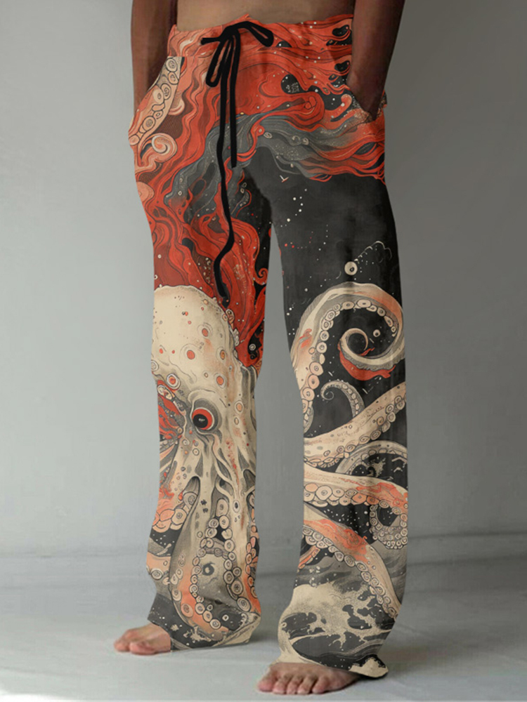 Vintage Japanese Art Octopus Print Linen Blend Casual Pants - Black