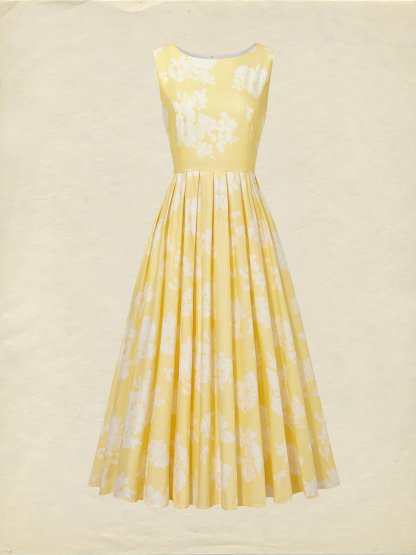 (SIZE:XS-XXL) Midi Linen Dress, Sleeveless,  Linen Blend, Floral, Renaissance - Yellow