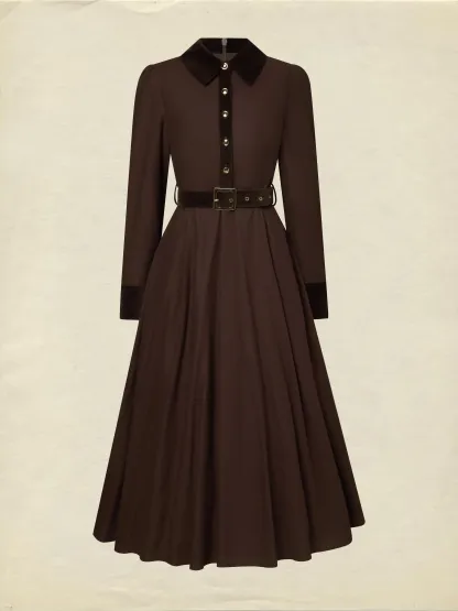 Midi Cotton Dress, Long Sleeves, Shawl Collar, Plain, Belt Design, Vintage, Coffee - Coffee