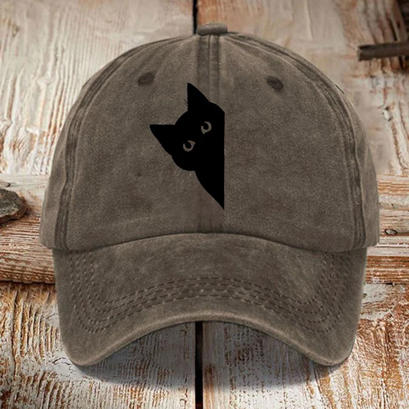 Japanese Art Black Cat Print Washed Sun Hat - Blue