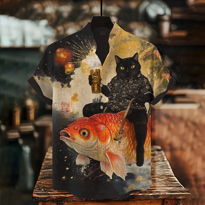 Men's Black Cat Holding Beer And Riding Goldfish Art Print Casual Shirt - Black