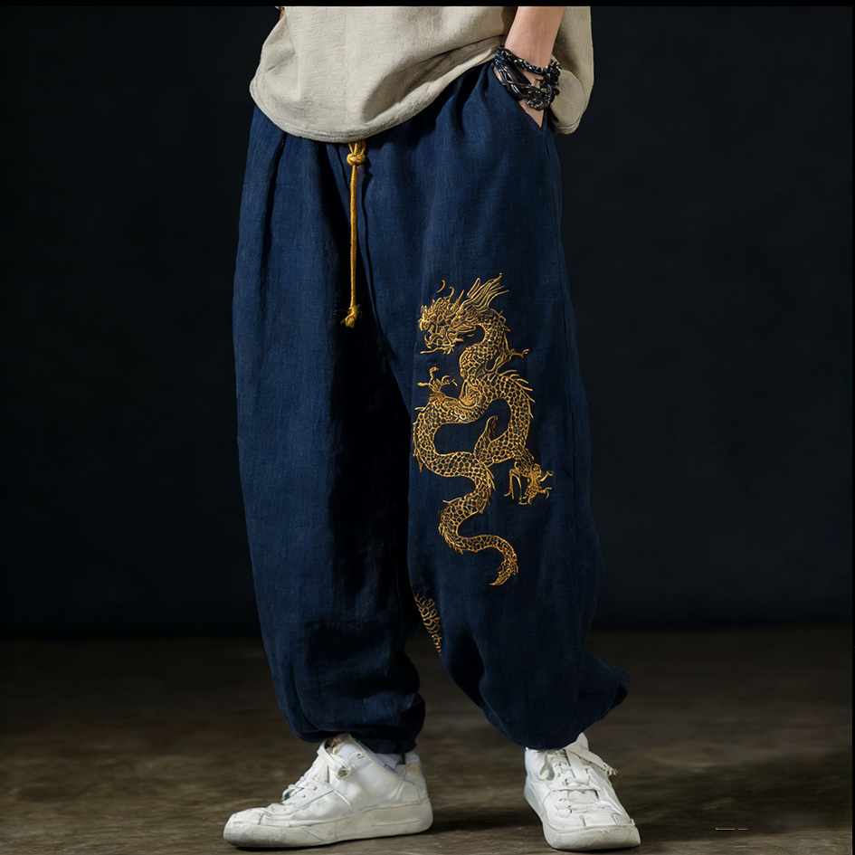 Men's Casual Cotton And Linen Wide-leg Pants With Dragon Patterns And Embroidered Floral Patterns - Black