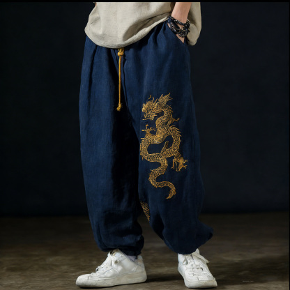 Men's Casual Cotton And Linen Wide-leg Pants With Dragon Patterns And Embroidered Floral Patterns - Black