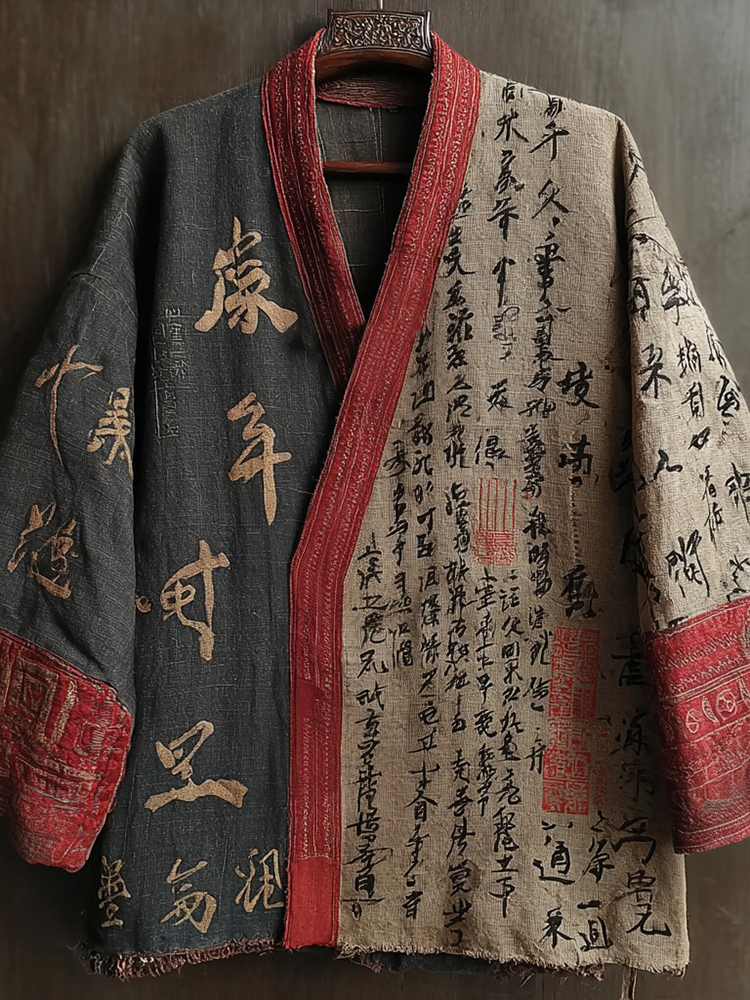 Retro Calligraphy Art Pattern Casual Kimono Cardigan - Black