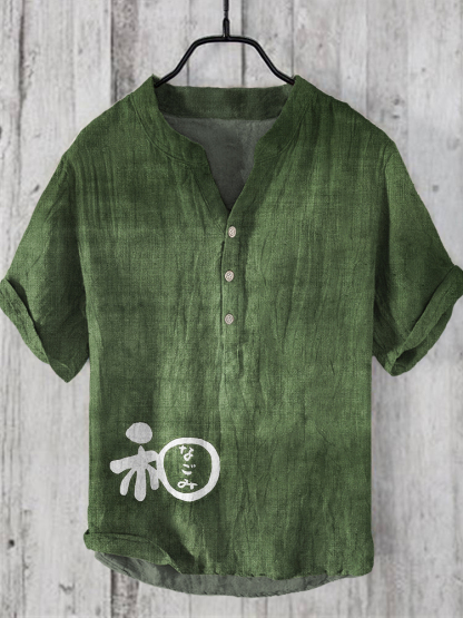 Japanese Word Art Linen V-Neck Shirt - Red