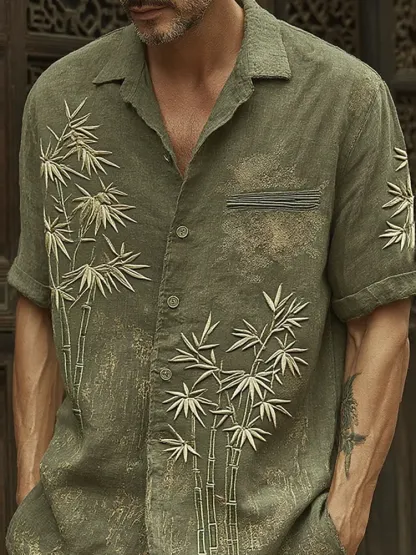 Men's Vintage Bamboo Embroidery Art Short Sleeve Linen Blend Shirt - Blue